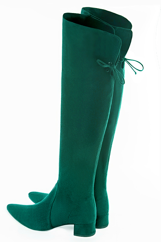 Emerald green women's leather thigh-high boots. Tapered toe. Low flare heels. Made to measure. Rear view - Florence KOOIJMAN